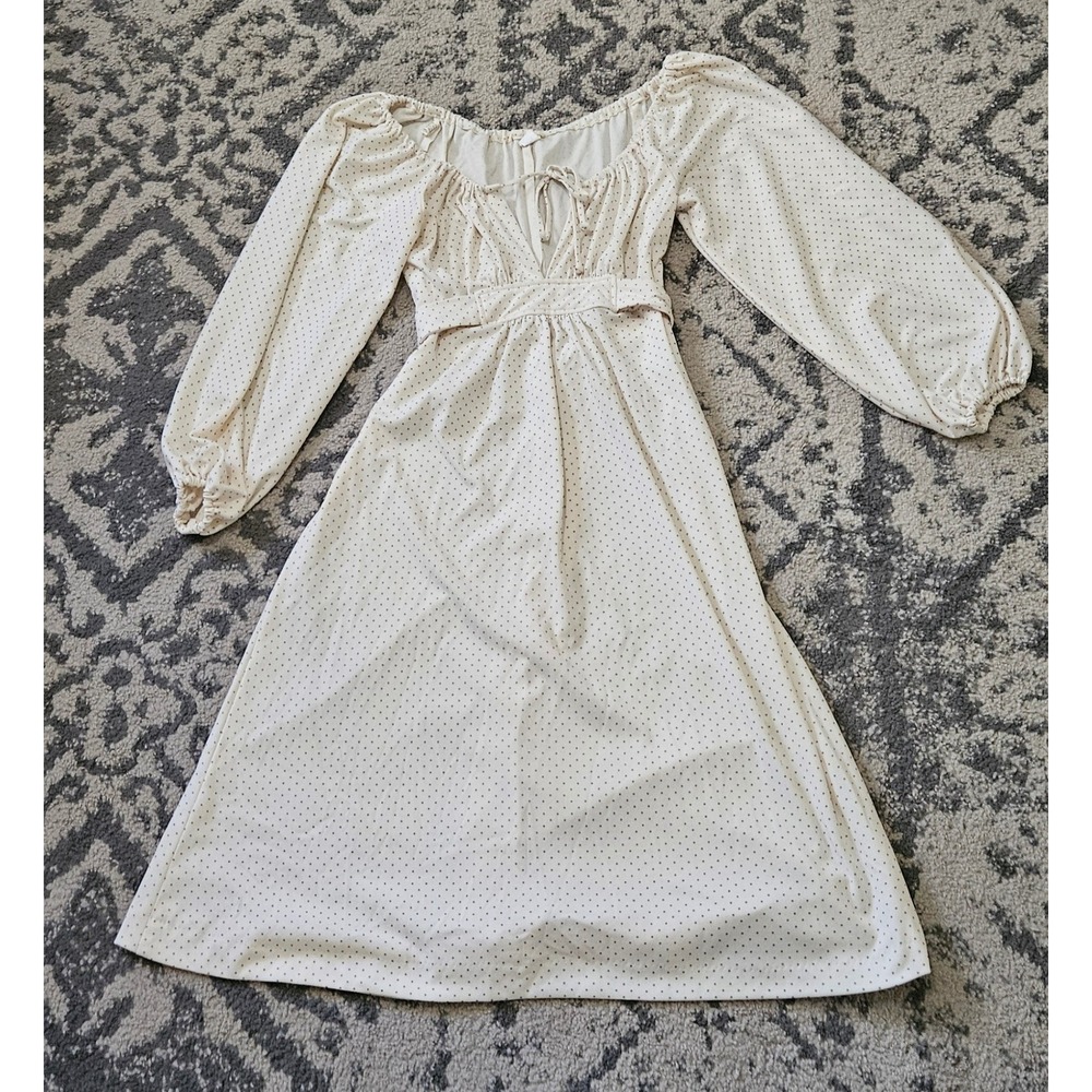 Vintage 70s Prairie Dress Off The Shoulder Polka Dot Bishop Sleeve Cream Midi
